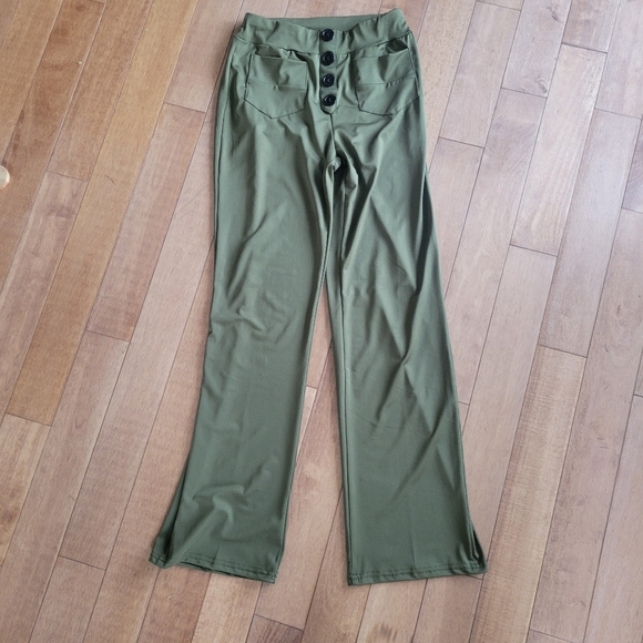 Olive Green Satin Pull On High Rise Straight Leg Pants Size S - Picture 3 of 3